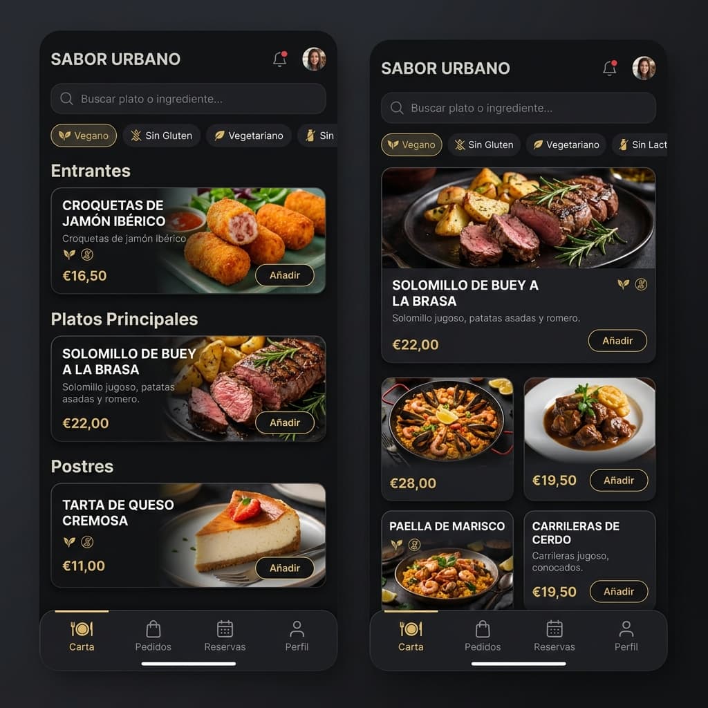 Carta digital con fotos de platos, precios y filtros de vegano, sin gluten y sin lactosa
