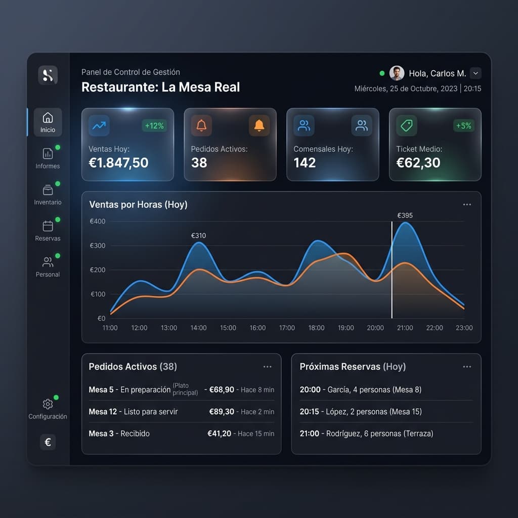 Panel de gestión con ventas del día, pedidos activos, ticket medio y próximas reservas