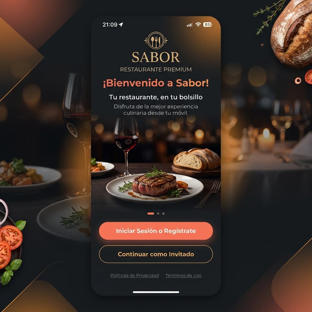 Pantalla de bienvenida de una app de restaurante, con el logo del local y acceso como invitado