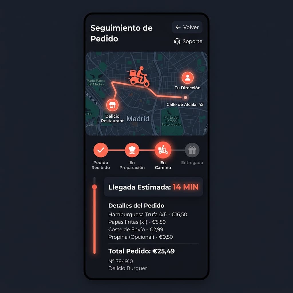 Seguimiento de un pedido a domicilio sobre el mapa, con estados y llegada estimada