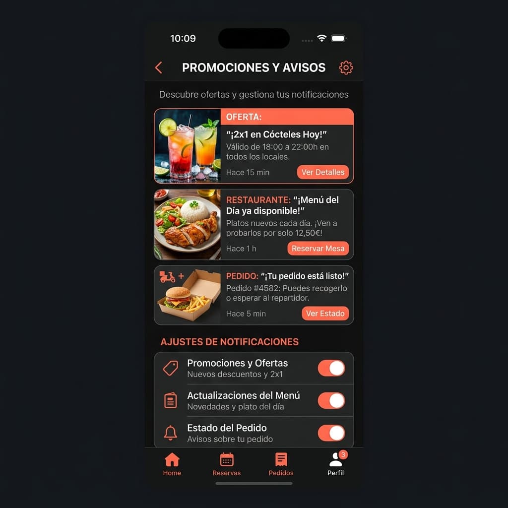 Promociones y avisos de la app, con los permisos de notificación que el cliente controla