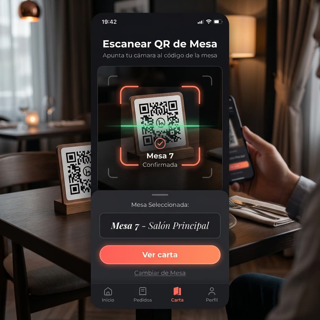 Móvil escaneando el código QR del soporte de una mesa de restaurante