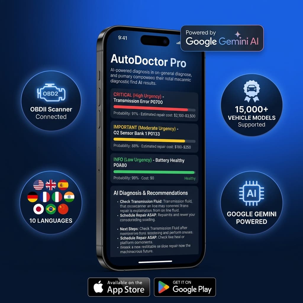 AutoDiag - Diagnosis mockup with OBD2, 15K models, 10 languages, Google Gemini AI